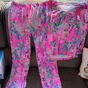Lilly Pulitzer Plumeria Pink  PJ Pajamas Pants Set Long Sleeve Shirt Small NEW